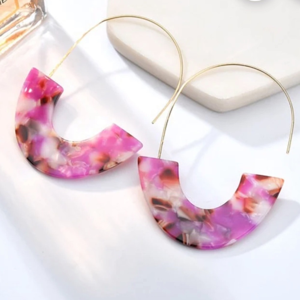 Boho Bohemian Pink Acrylic Resin Drop Open Hoop Dangle Tortoise Shell Earrings